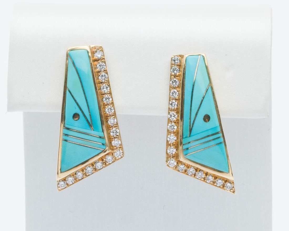 14K Yellow Gold, Turquoise and Diamond Earrings (1 of 5)
