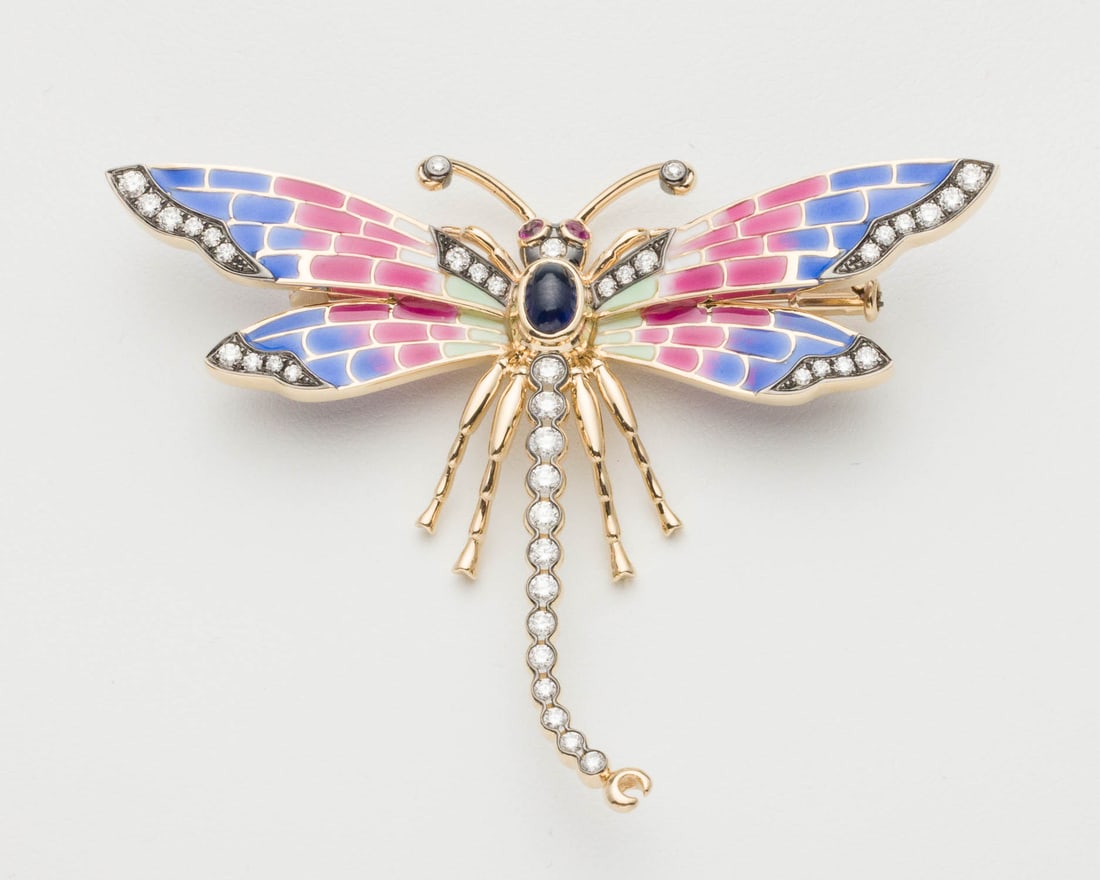 Dragonfly Pin, Enamel and Diamond 14K Gold Brooch: Description: Dragonfly Pin, Enamel and Diamond 14K Gold Brooch, featuring various round brilliant diamonds (approx. 1 cts, F-G, VS-SI), sapphire cabochon and two round ruby eyes, mounted in 14k y