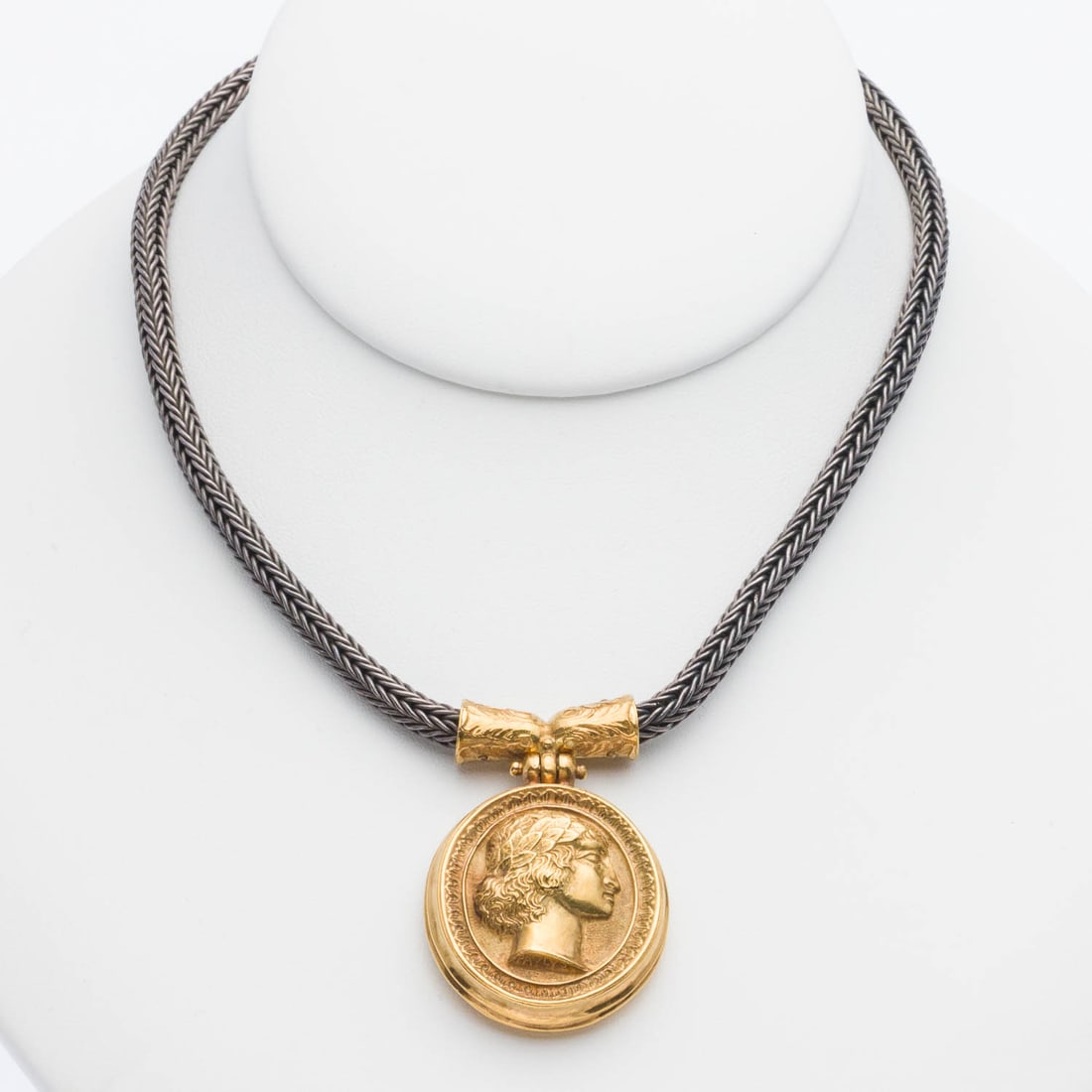 18K, Sterling & Lapis Necklace w Medallion Pendant: Description: 18K, Sterling and Lapis Necklace with Medallion Pendant, with sterling silver rope chain with gold box clasp, featuring a gold medallion pendant with profile of a man on one side and