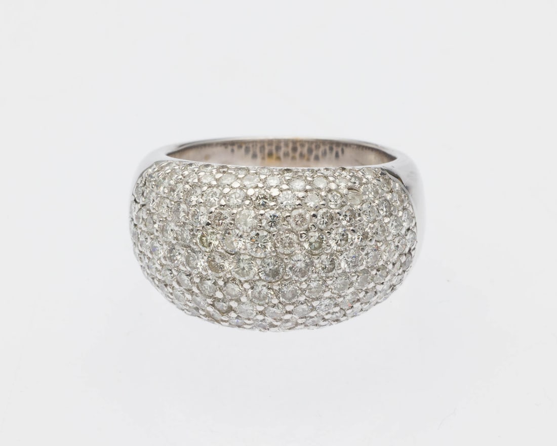 Diamond Pave 18K Ring, Size 8: Description: Diamond Pave 18K Ring, Size 8, the 18K white gold ring, pave set with approx. 4 cts of round diamonds, marked '18K, SB' on inside of band. 15.48 grams. Measurements: