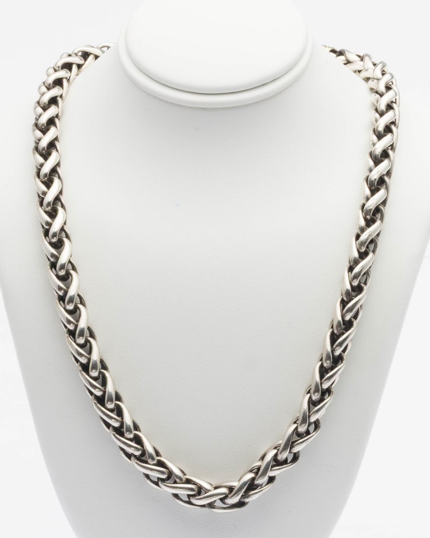 David Yurman Sterling & 14K Wheat Chain Necklace: Property from a Private Collection, Savannah, GA Description: David Yurman Sterling Silver and 14K Gold Wide Wheat Chain Necklace, sterling silver wheat chain with 14K yellow gold claw clasp, 'D.Y.,