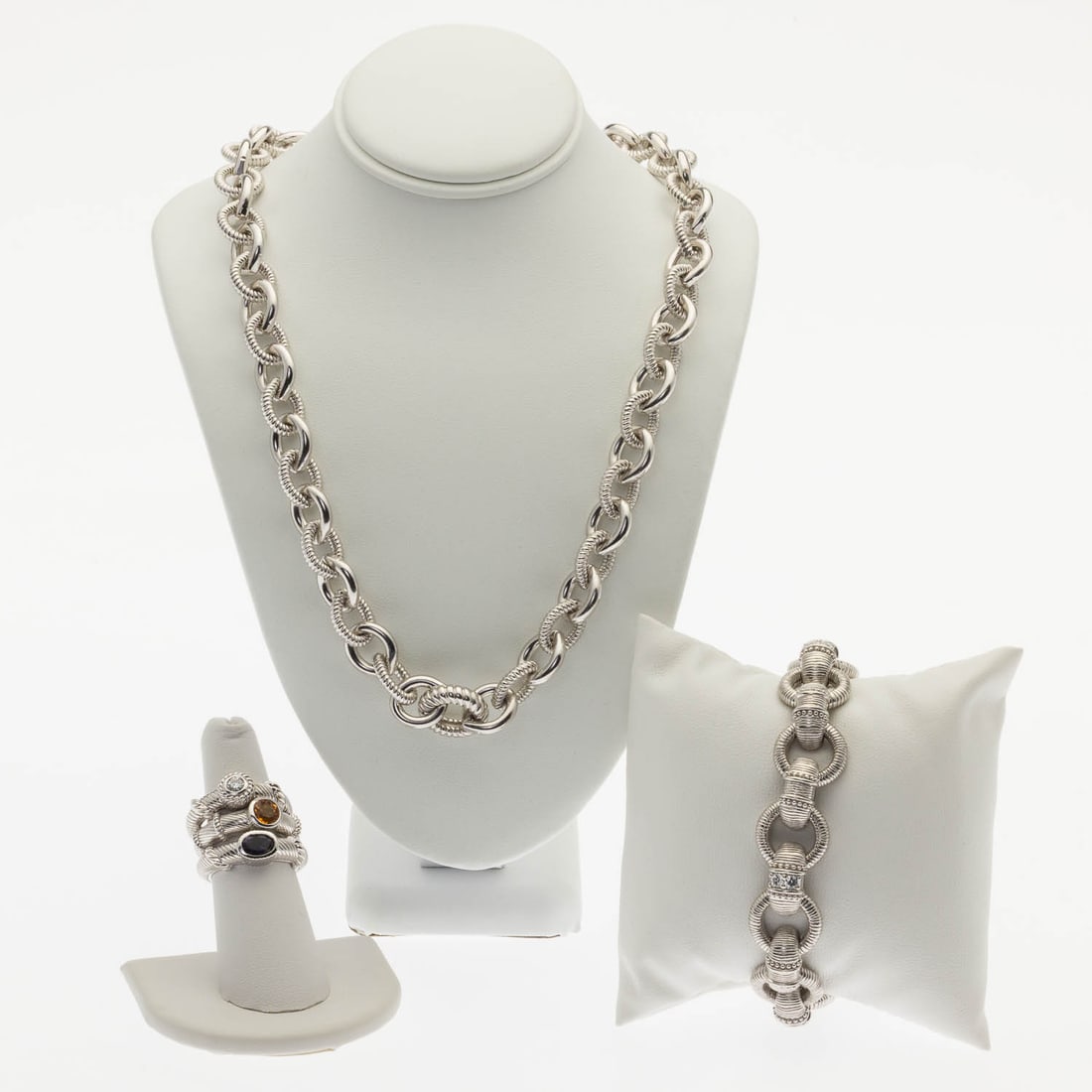 Judith Ribke Sterling Silver and CZ Jewelry, 5 pcs.: Property from a Private Collection, Savannah, GA Description: Group of Judith Ribke Sterling Silver and CZ Jewelry, 5 pcs., comprising three sterling silver rings one with citrine, one with amethyst