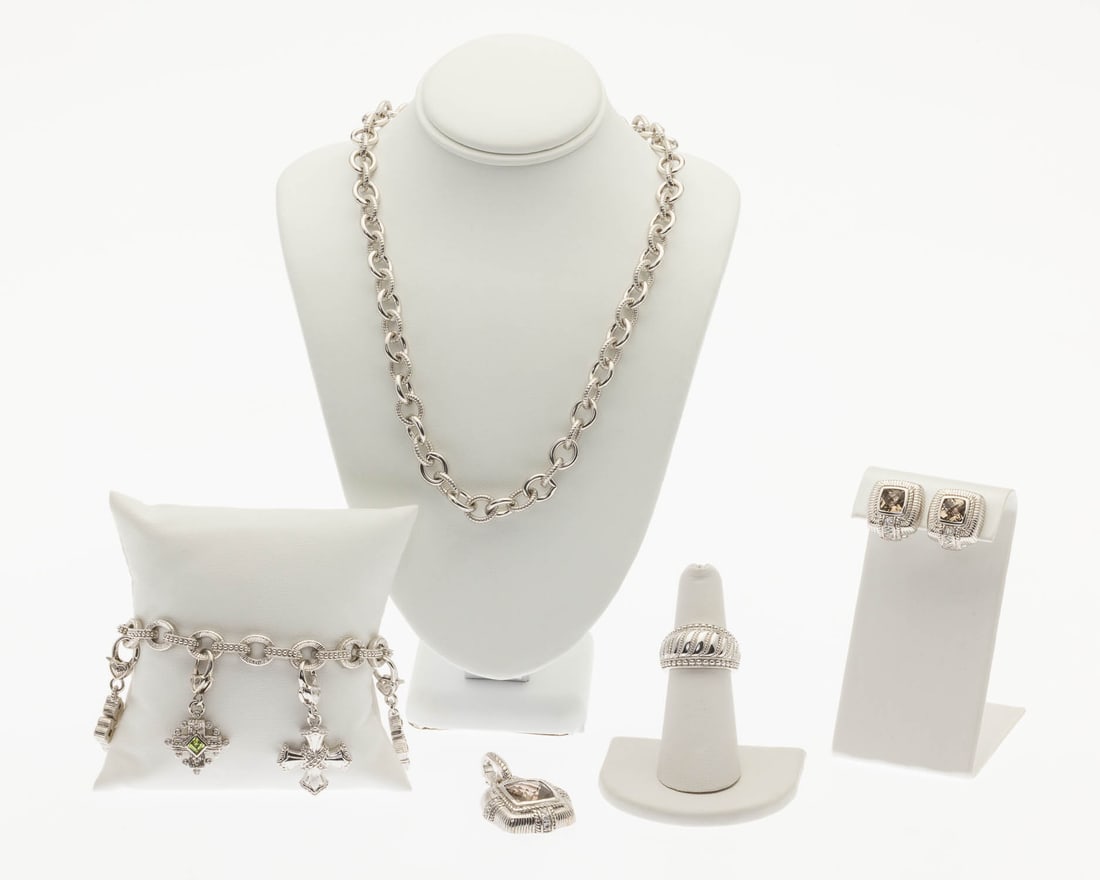 Judith Ribke Sterling Silver and Gem Jewelry, 5 pcs: Property from a Private Collection, Savannah, GA Description: Group of Judith Ribke Sterling Silver and Gem Jewelry, 5 pcs., comprising a sterling silver chain necklace with magnetic clasp (17 in.);
