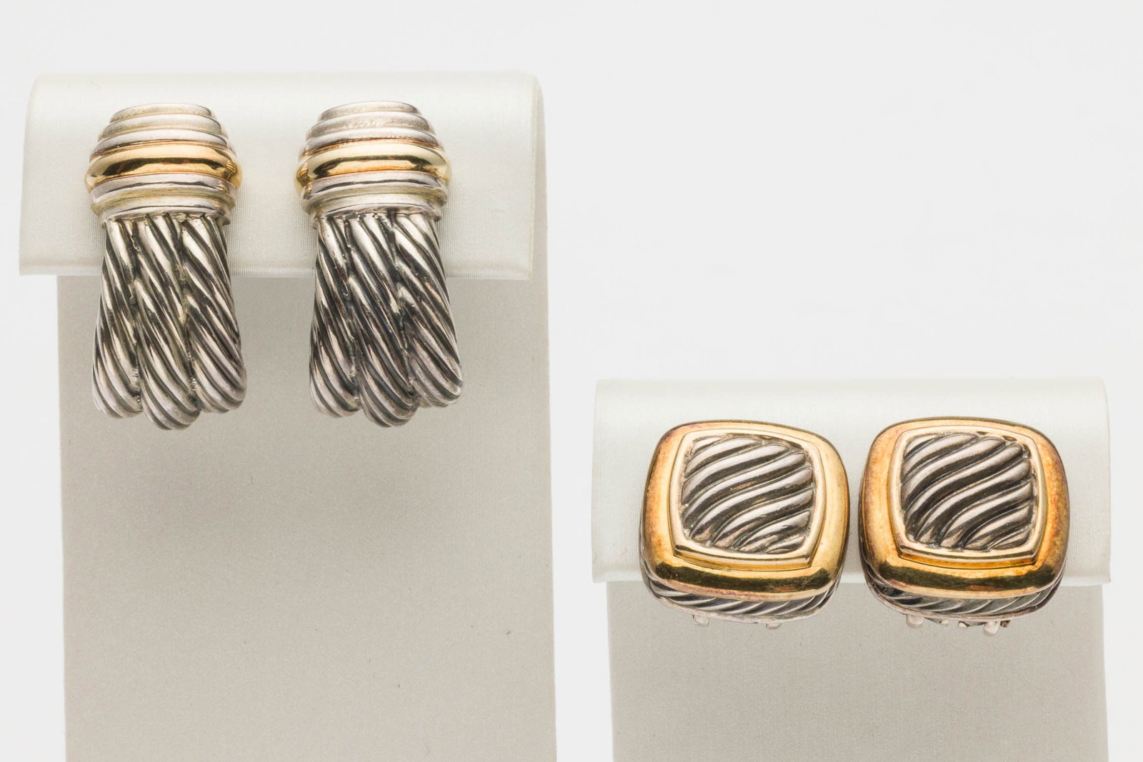 2 Pairs Darvid Yurman Sterling & 14K Gold Earrings: Property from a Private Collection, Savannah, GA Description: Two Pairs of Darvid Yurman Sterling Silver and 14K Gold Earrings, comprising a pair of square 14K yellow gold and sterling silver