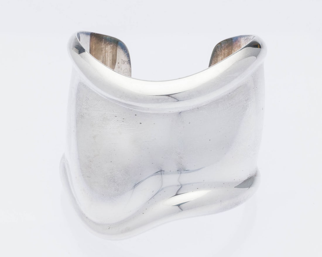 Tiffany Elsa Perretti Sterling Silver Cuff: Description: Tiffany Elsa Perretti Sterling Silver Cuff, organic form sterling silver cuff bracelet, signed 'Elsa Perretti' and marked 'Tiffany & Co, 925, Italy' on inside, together with box and dust