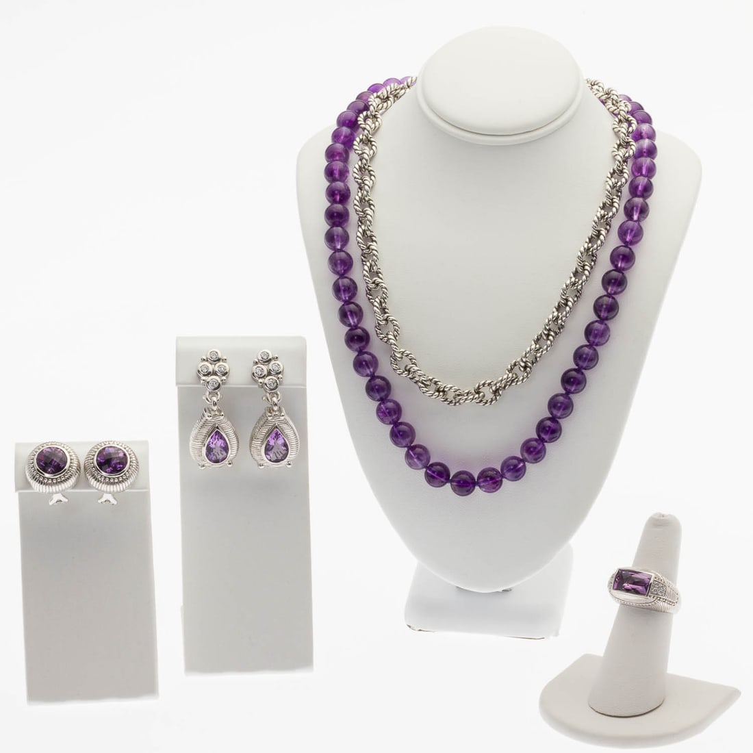 Judith Ribke Sterling & Amethyst Jewelry, 5 pcs: Property from a Private Collection, Savannah, GA Description: Group of Judith Ribke Sterling Silver and Amethyst Jewelry, 5 pcs., comprising a sterling silver chain necklace with claw clasp (20 in