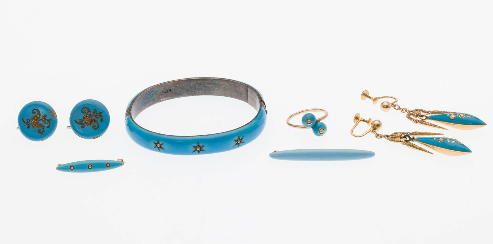 Sterling Silver and 14K Gold Enamel Jewelry, 6 pcs.: Property of a Private Collector, Savannah, GA Description: Group of Sterling Silver and 14K Gold Enamel Jewelry, 6 pcs., comprising an enamel bangle bracelet with hinge and box clasp (marked 'M.S. 2'