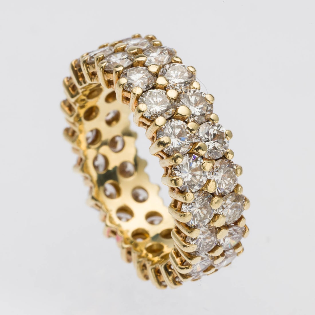 Stacked Diamond Infinity Band, Approx 6 cts, Sz 7.75: Description: Stacked Diamond Infinity Band, Approx. 6 cts, Size 7.75, double row infinity band featuring approx. 6 cts total, G-H, VSI-VS2, round cut diamonds, set in 18K yellow gold, marked '18K' on