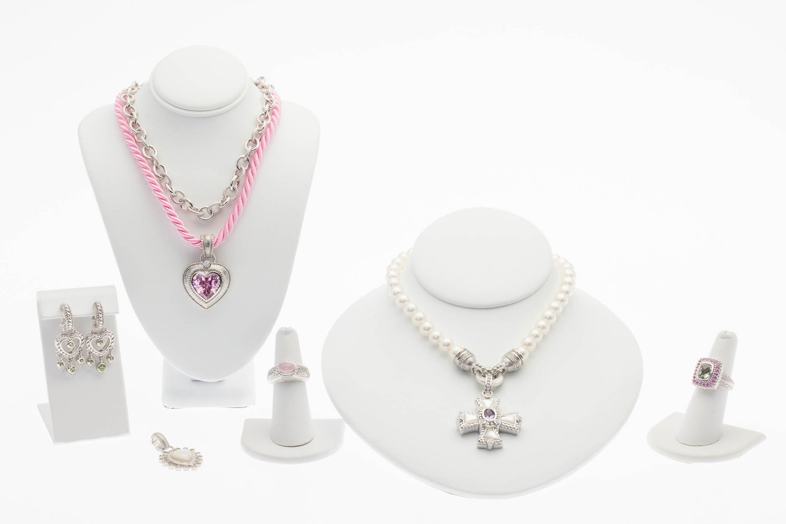 Judith Ribke Sterling, Gem & Pearl Jewelry, 7 pc: Property from a Private Collection, Savannah, GA Description: Group of Judith Ribke Sterling Silver and Pink Gem and Pearl Jewelry, 7 pcs., comprising a 18 in. pink silk cord necklace with sterlin