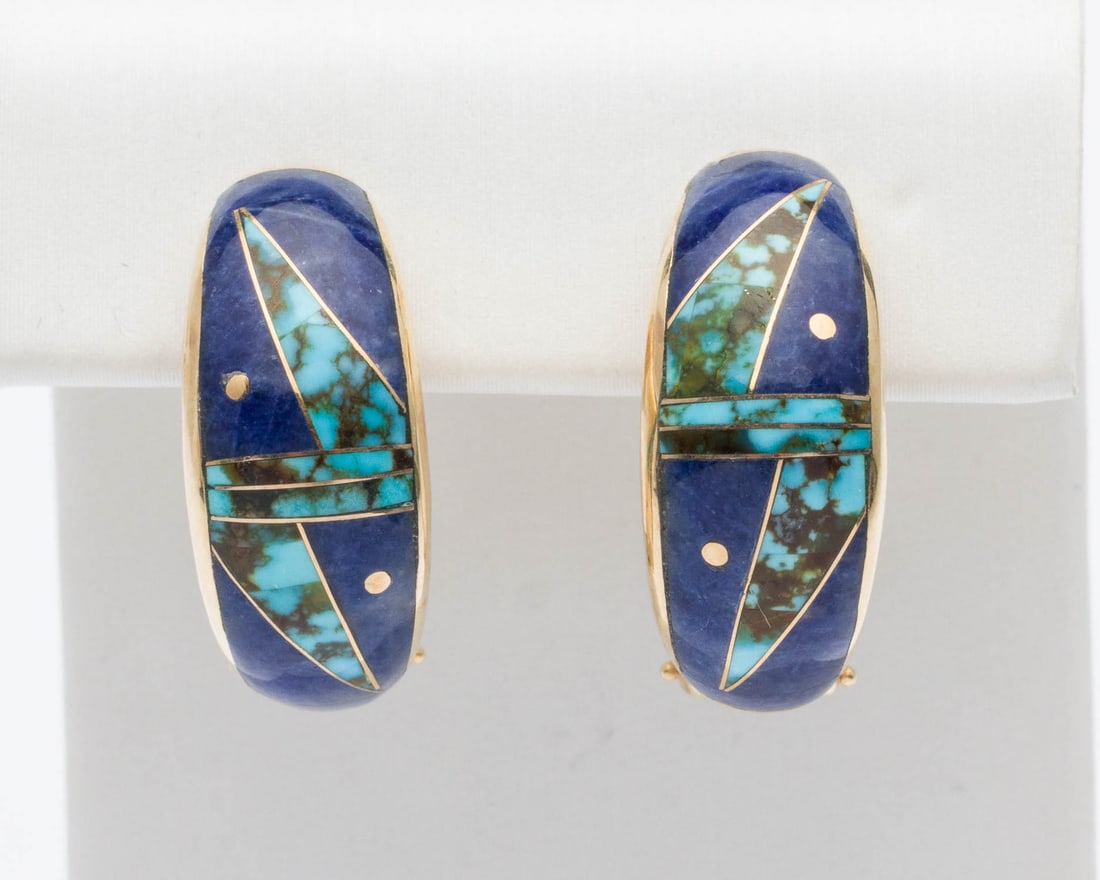 14K Yellow Gold, Lapis and Turquoise Earrings: Description: 14K Yellow Gold, Lapis and Turquoise Earrings, each inlaid with turquoise, lapis and yellow gold, with post and clip backs, marked '14K' on clips. 8.68 grams overall. Measurements: