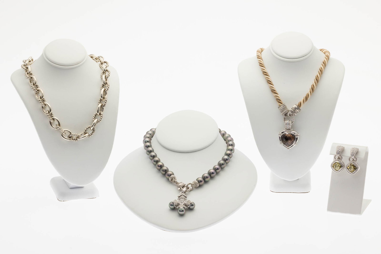 Judith Ribke Sterling & Pearl Jewelry, 4 pcs.: Property from a Private Collection, Savannah, GA Description: Group of Judith Ribke Sterling Silver and Pearl Jewelry, 4 pcs., comprising a brown silk rope necklace with sterling silver magnetic c