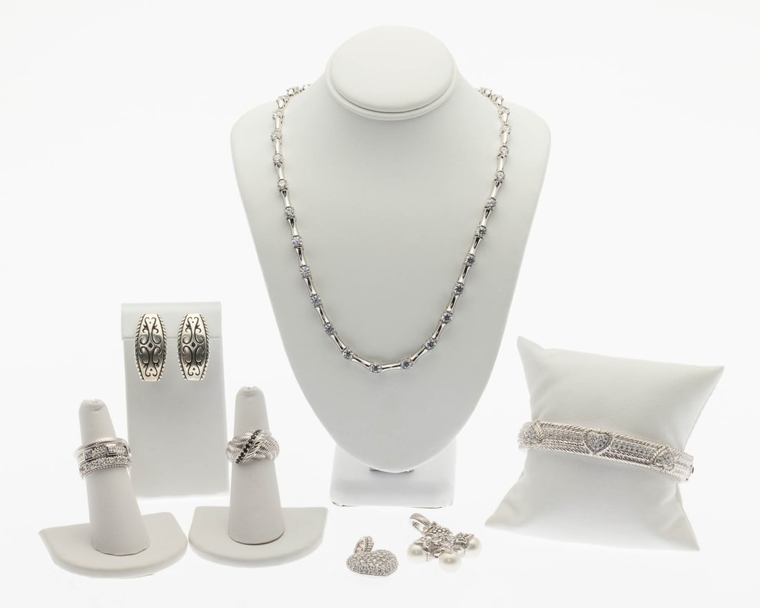 Judith Ribke Sterling Silver and CZ Jewelry, 9 pcs.: Property from a Private Collection, Savannah, GA Description: Group of Judith Ribke Sterling Silver and CZ Jewelry, 9 pcs., comprising a 17 in. sterling silver and CZ necklace with box clasp (marked