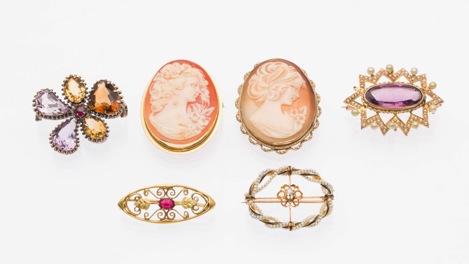 10K Multigem and Pearl Brooches & 2 Cameo Brooches (1 of 6)