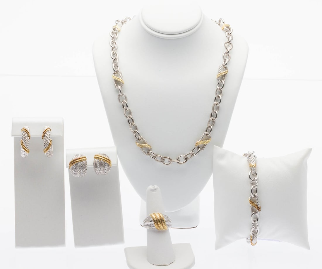 Judith Ripka Sterling & Gold Tone Jewelry Set, 5 pcs: Property from a Private Collection, Savannah, GA Description: Group of Judith Ripka Sterling Silver and Gold Tone Jewelry Set, 5 pcs., comprising a silver chain link necklace and matching bracelet