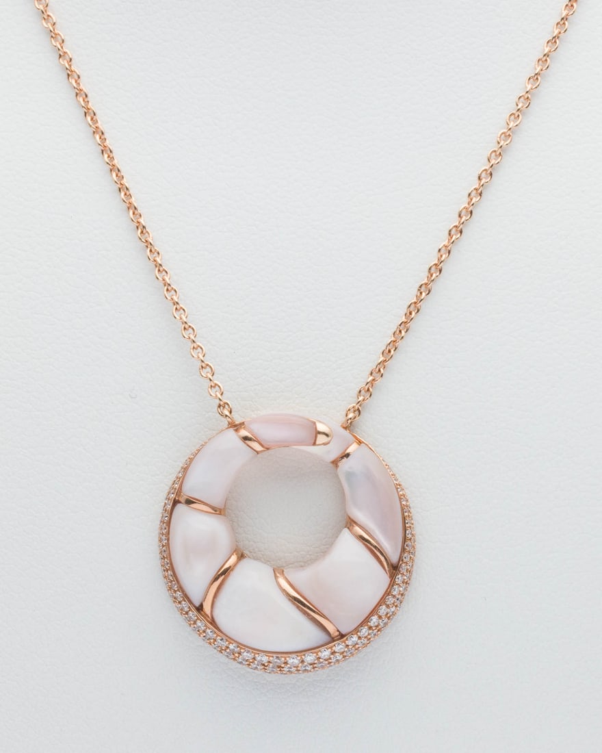 14K Rose Gold and Mother of Pearl Necklace: Description: 14K Rose Gold and Mother of Pearl Necklace, featuring a mother-of-pearl and pave set diamond pendant in rose gold on a matching chain with lobster claw clasp, marked '14K' on back of