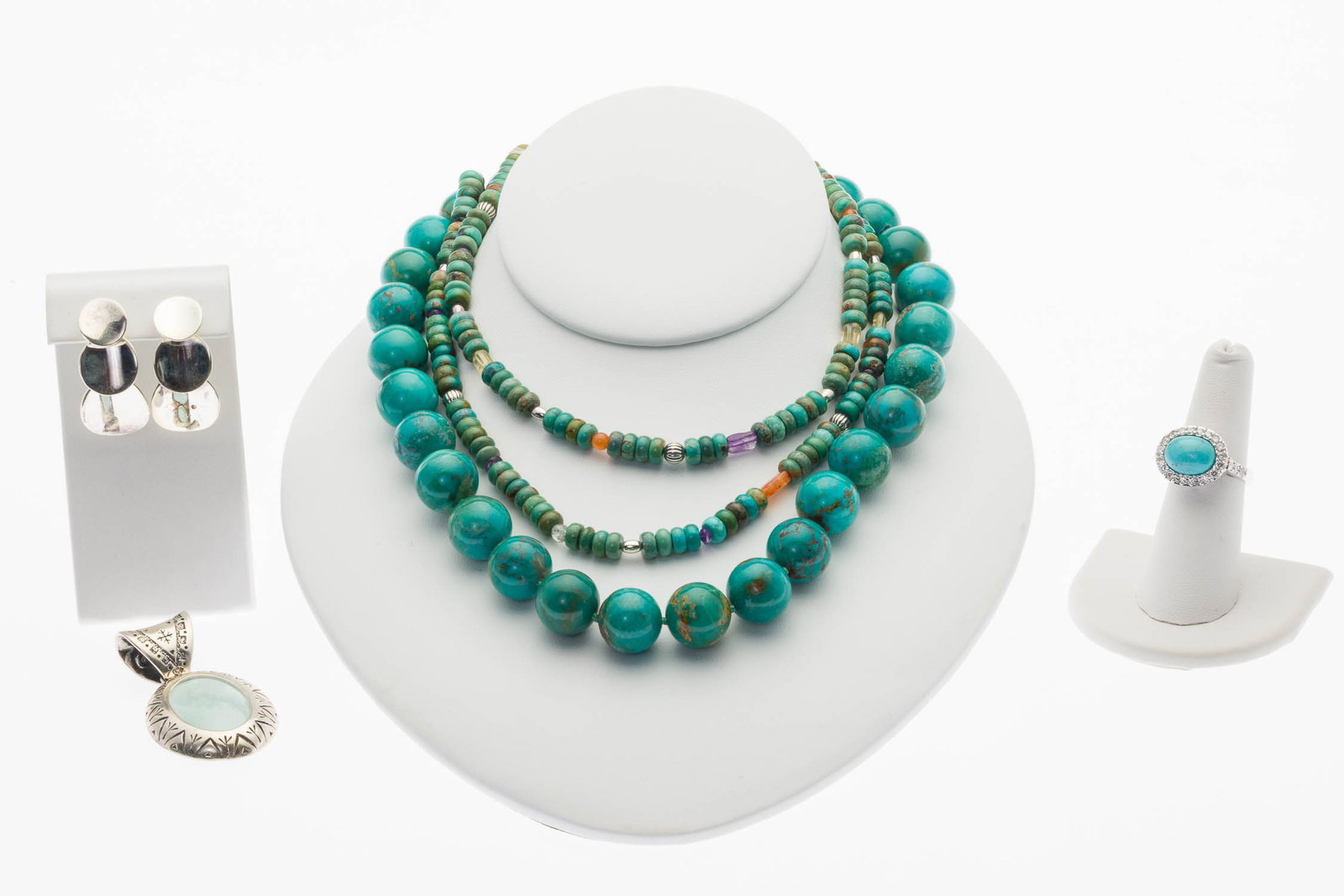 Group of Sterling Silver & Turquoise Jewelry, 5 pcs: Property from a Private Collection, Savannah, GA Description: Group of Sterling Silver and Turquoise Jewelry, 5 pcs, including two beaded turquoise necklaces with sterling silver clasps (one 36 in