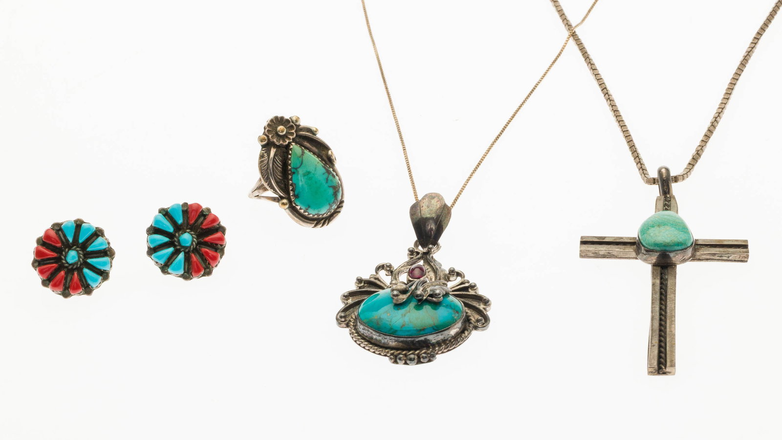 Group Native American Sterling Silver Jewelry, 4 pcs: Property from a Private Collection, Jacksonville, FL Description: Group of Native American Sterling Silver Jewelry, 4 pcs, comprising a pair of unmarked silver and turquoise stud earrings; a sterling