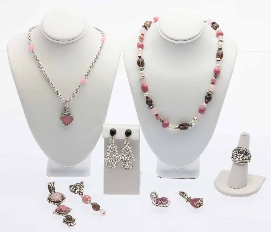 Judith Ripka Sterling & Pink Gemstone Jewelry: Property from a Private Collection, Savannah, GA Description: Group of Judith Ripka Sterling Silver and Pink Gemstone Jewelry, 8 pcs., comprising a silver, glass and stone beaded necklace (marked