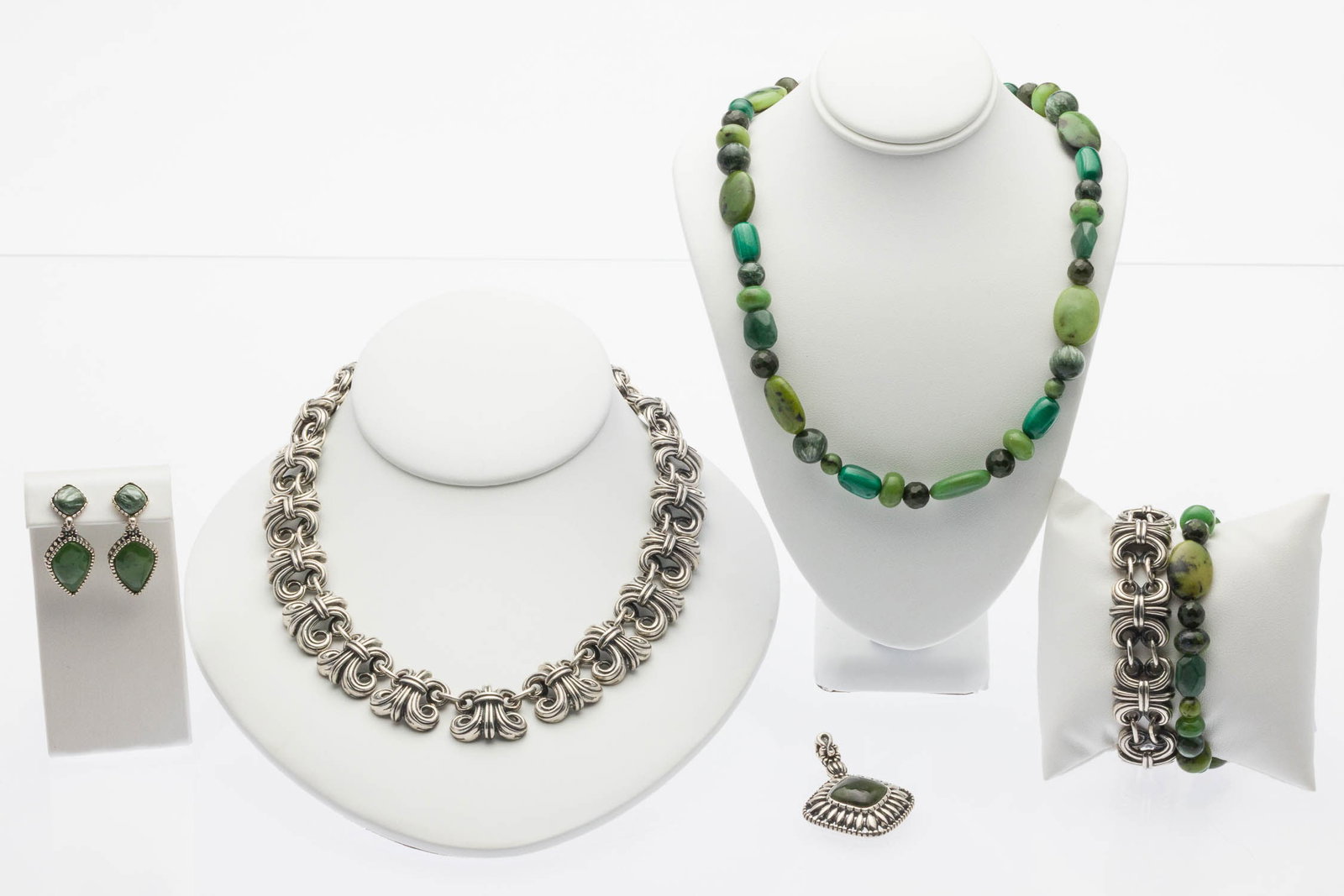 Green Beaded Stone & Sterling Silver Jewelry, 6 pcs: Property from a Private Collection, Savannah, GA Description: Group of Green Beaded Stone and Sterling Silver Jewelry, 6 pcs., comprising a green stone and glass beaded necklace with sterling silver