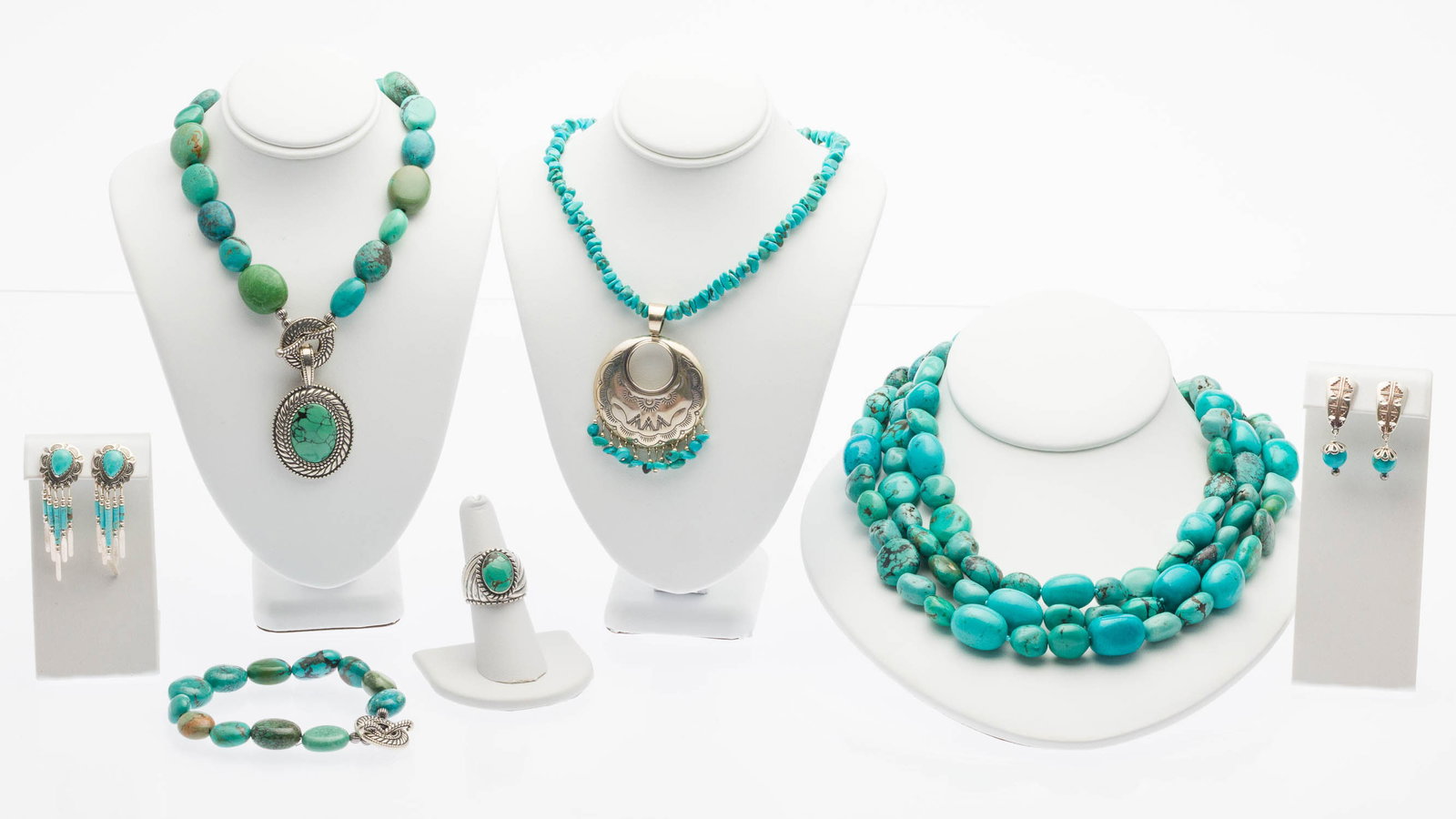 Judith Ripka Sterling & Turquoise Stone Jewelry 7 pc: Property from a Private Collection, Savannah, GA Description: Group of Judith Ripka Sterling Silver and Turquoise Stone Jewelry, 7 pcs., comprising a three strand turquoise beaded necklace (unmarked,