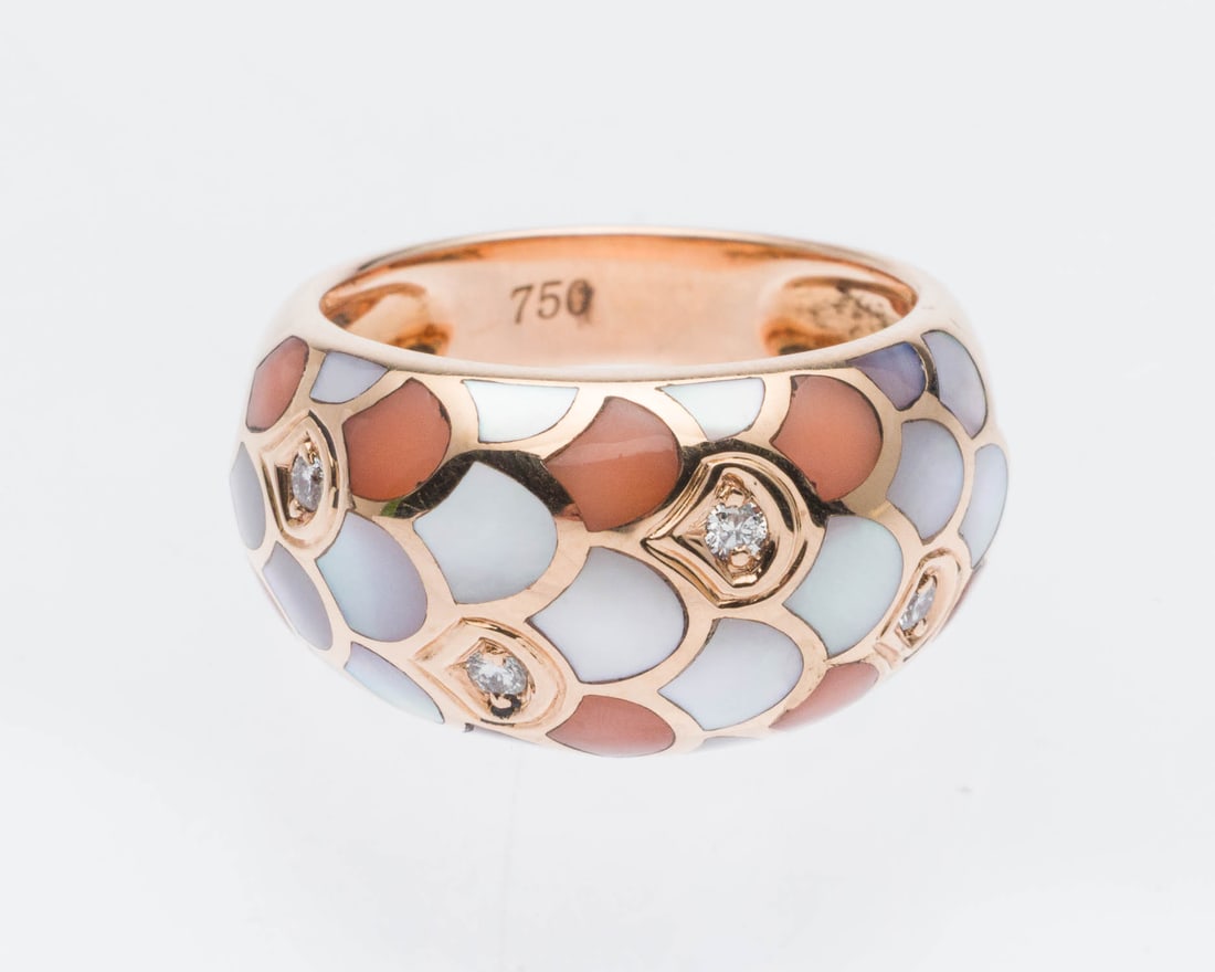 18K Rose Gold MOP, Diamond and Coral Ring, Size 6.75: Description: 18K Rose Gold Mother-of-Pearl, Diamond and Coral Ring, Size 6.75, the rose gold band inlaid with mother-of-pearl and coral scales, featuring four round diamonds (approx. 0.1 cts), marked
