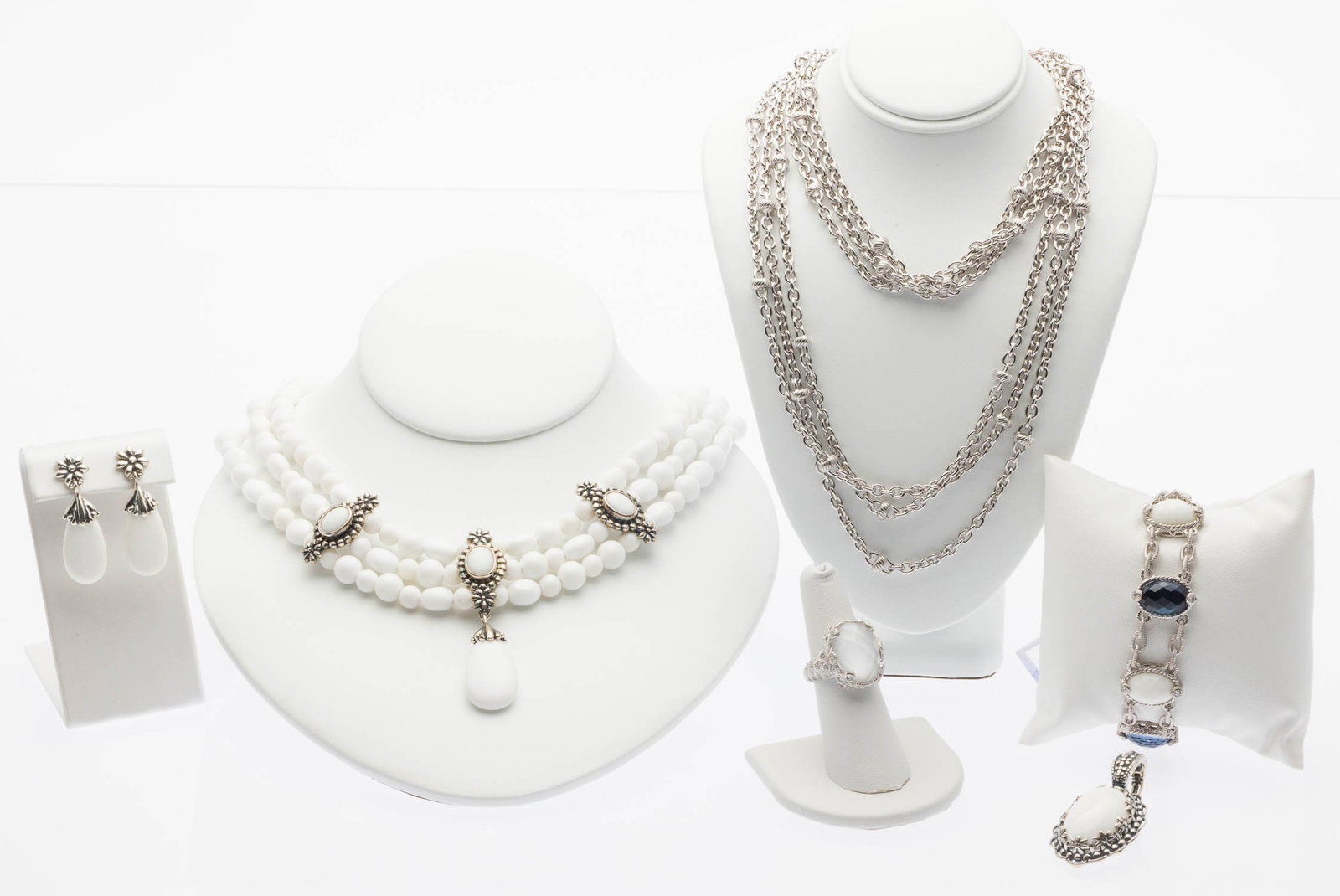 Group Sterling Silver & White Beaded Jewelry, 6 pcs.: Property from a Private Collection, Savannah, GA Description: Group Sterling Silver and White Beaded Jewelry, 6 pcs., comprising a multistrand white beaded necklace with sterling silver accents and