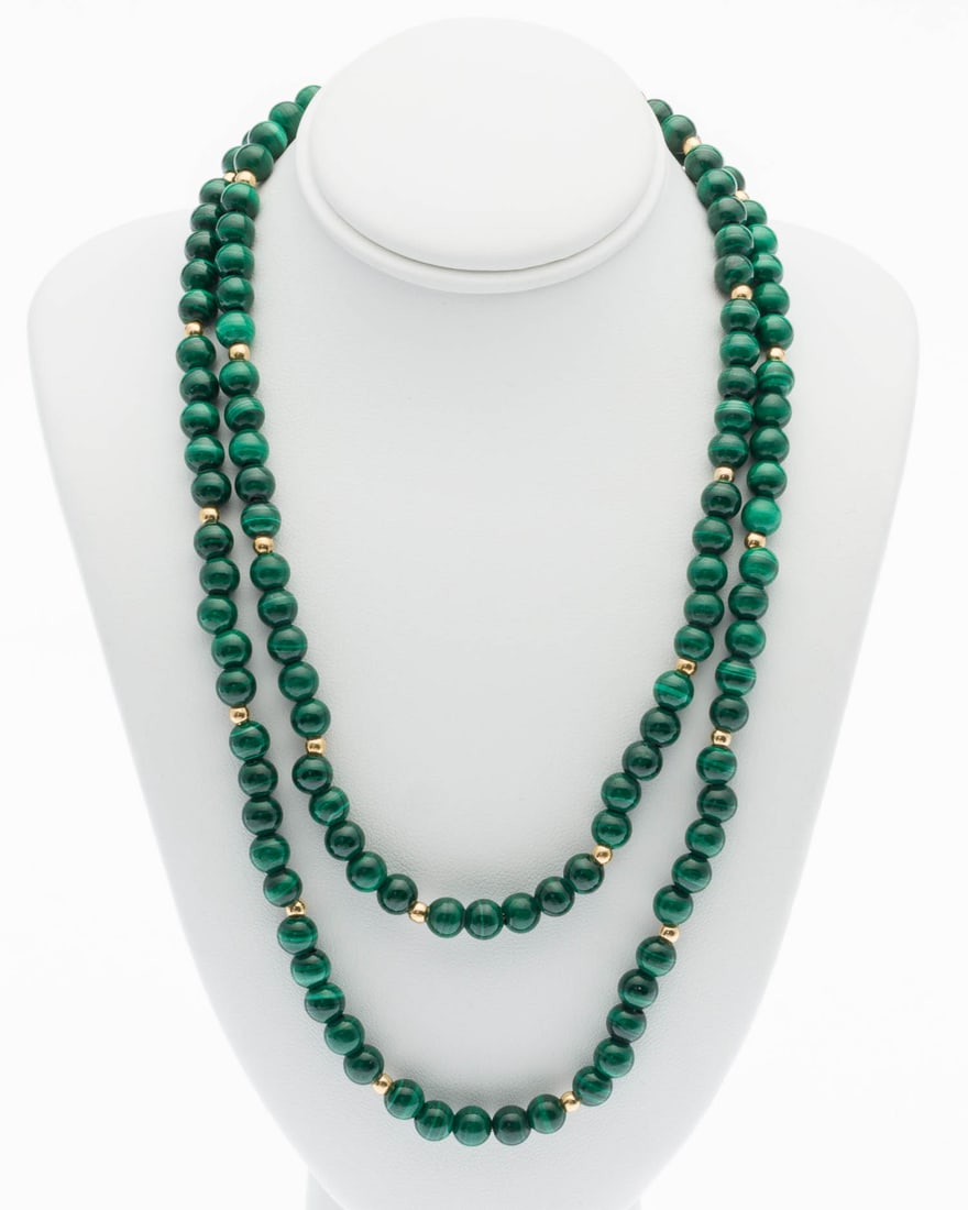 30 in. Malecite and 14K Gold Beaded Necklace: Property from a Private Collection, Jacksonville, FL Description: 30 in. Malecite and 14K Gold Beaded Necklace, with polished malachite and small gold beads strung on a gold chain with box clasp,