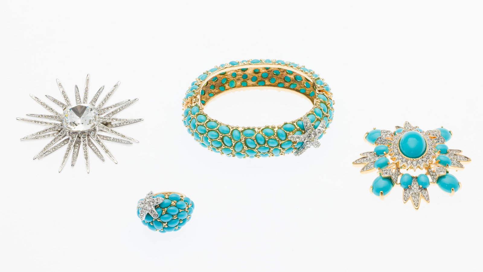 Four Pieces of Kenneth Jay Lane Jewelry: Property from a Private Collection, Savannah, GA Description: Four Pieces of Kenneth Jay Lane Jewelry, comprising a matching turquoise and gold-tone bracelet, ring (size 7.5), and brooches, with a