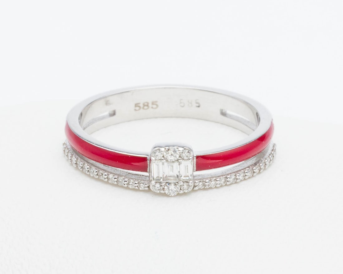 14K White Gold, Enamel and Diamond Ring, Size 7.25 (1 of 8)