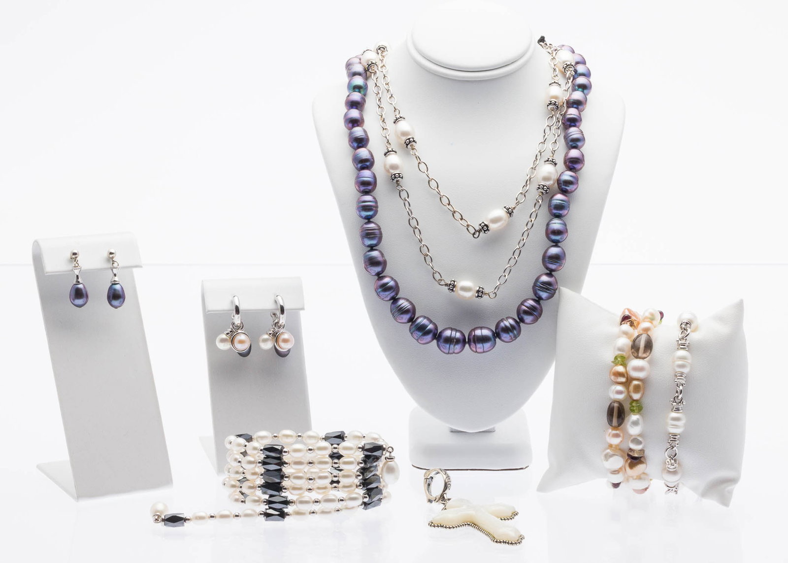 Honora, Judith Ripka & Michael Dawkins Jewelry, 9 pc: Property from a Private Collection, Savannah, GA Description: Group of Honora, Judith Ripka and Michael Dawkins Pearl Jewelry, 9 pcs., comprising an Honora sterling silver and pearl necklace (mark
