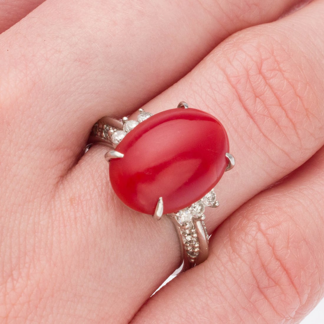 Coral and Diamond Platinum Ring, Size 7 (1 of 6)