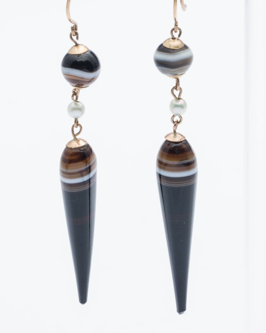 9K Gold and Glass Drop Earrings: Description: 9K Gold and Glass Drop Earrings, each featuring polished glass drops and beads, with seed pearls, strung with yellow gold wire, marked '9CT' on bead caps. Measurements: