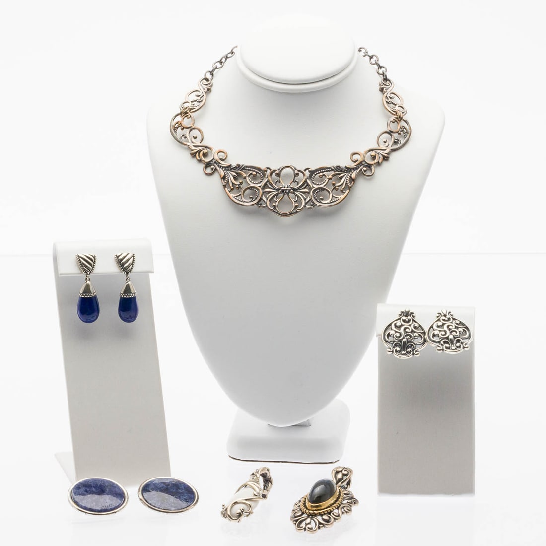 Group of Sterling Silver and Gemstone Jewelry, 6 pcs: Property from a Private Collection, Savannah, GA Description: Group of Sterling Silver and Gemstone Jewelry, 6 pcs., comprising a pierced sterling silver necklace (marked '925'); sterling silver,