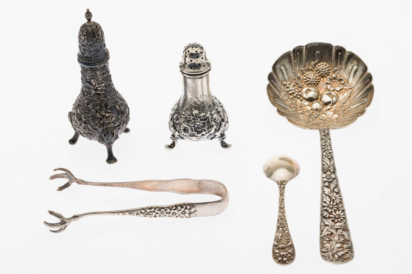 5 Sterling Silver Repousse Table Articles: Property of a Private Collector, St. Simons Island, GA Description: 5 Sterling Silver Repousse Table Articles, comprising 1 Kirk & Son Co. Berry Serving Spoon, 1 Stieff demitasse spoon, 1 Dominick &