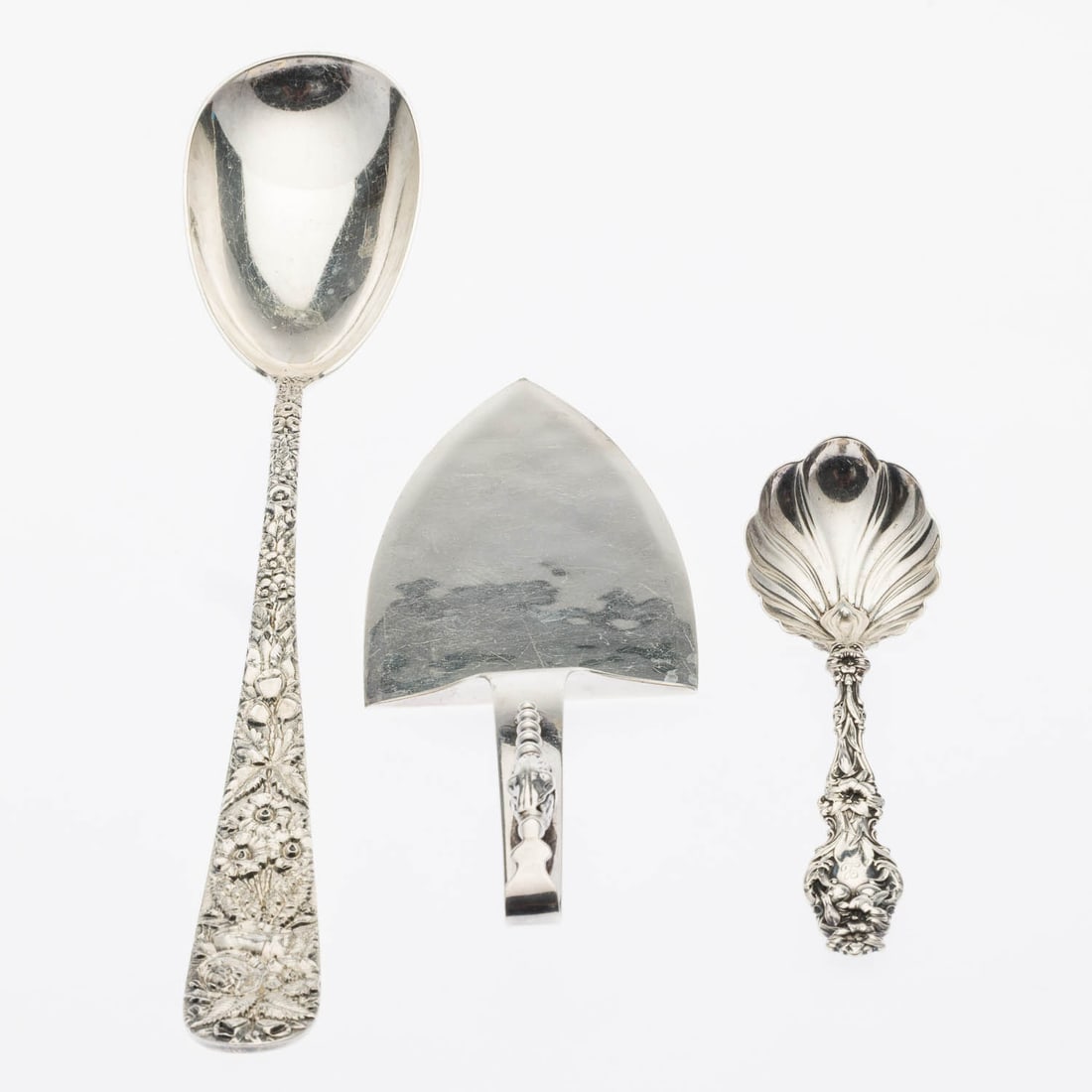 3 Tableware Items including Kirk Serving Spoon: Property of a Private Collector, Savannah, GA Description: 3 Tableware Items including Kirk Serving Spoon, comprising big serving spoon marked "S. Kirk & Son Co." and numbered '217'; cake knife