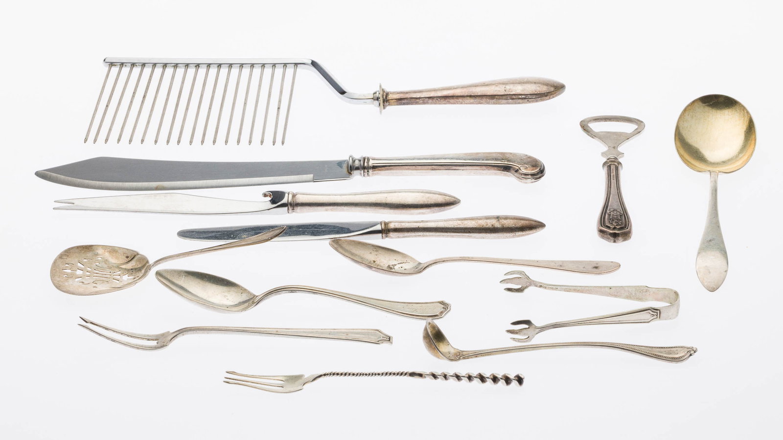 Group of 13 Sterling Silver Table Articles: Property of a Private Collector, St. Simons Island, GA Description: Group of 13 Sterling Silver Table Articles, comprising Frank M. Whiting angel food cake breaker, 1 Webster carving knife, 1 Gorham