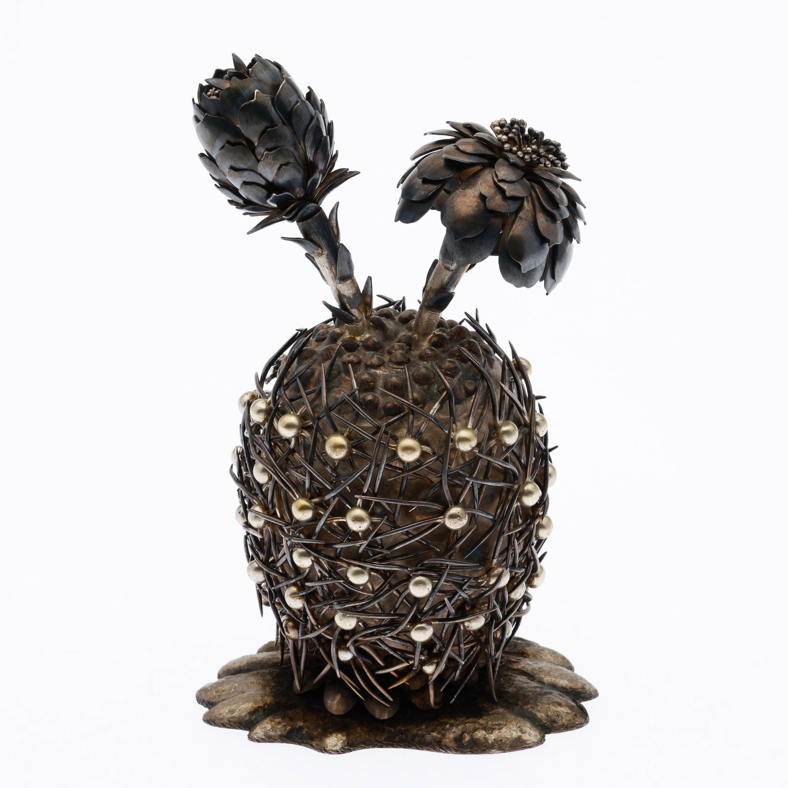 Janna Thomas De Velarde Sterling Silver Cactus: Property of Robert Mixson, St. Marys, GA Description: Janna Thomas De Velarde Sterling Silver Barrel Cactus Sculpture, C. 1970, hallmarked and stamped 'Janna, Sterling, Mexico' on the bottom. 27.33
