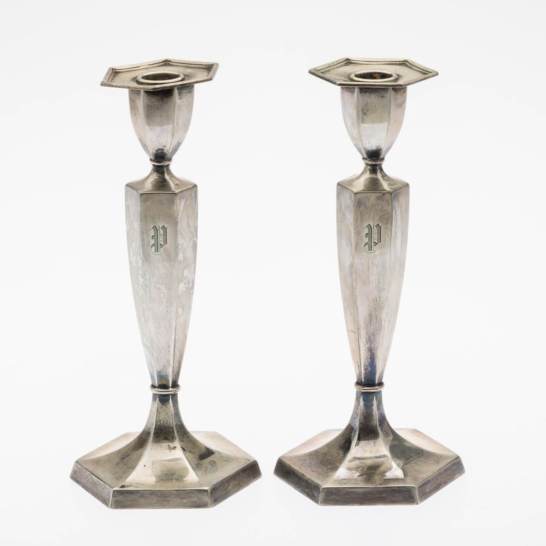 Pair of Dominick & Haff Sterling Silver Candlesticks: Property of a Private Collector Hilton Head Island, SC Description: Pair of Dominick & Haff Sterling Silver Candlesticks, both monogramed, marked with pictorial mark of Dominick & Haff and numbered