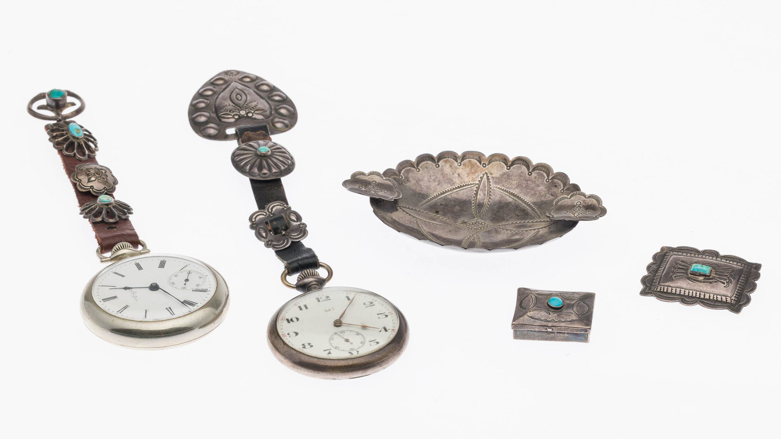 Silver Ashtray, Brooch, Small Box & 2 Pocket Watches: Property of Bliss Hebert and Allen Charles Klein Description: Silver Ashtray, Brooch, and Small Box with Two Pocket Watches on Leather Straps, comprising an unmarked silver ash tray, unmarked silver