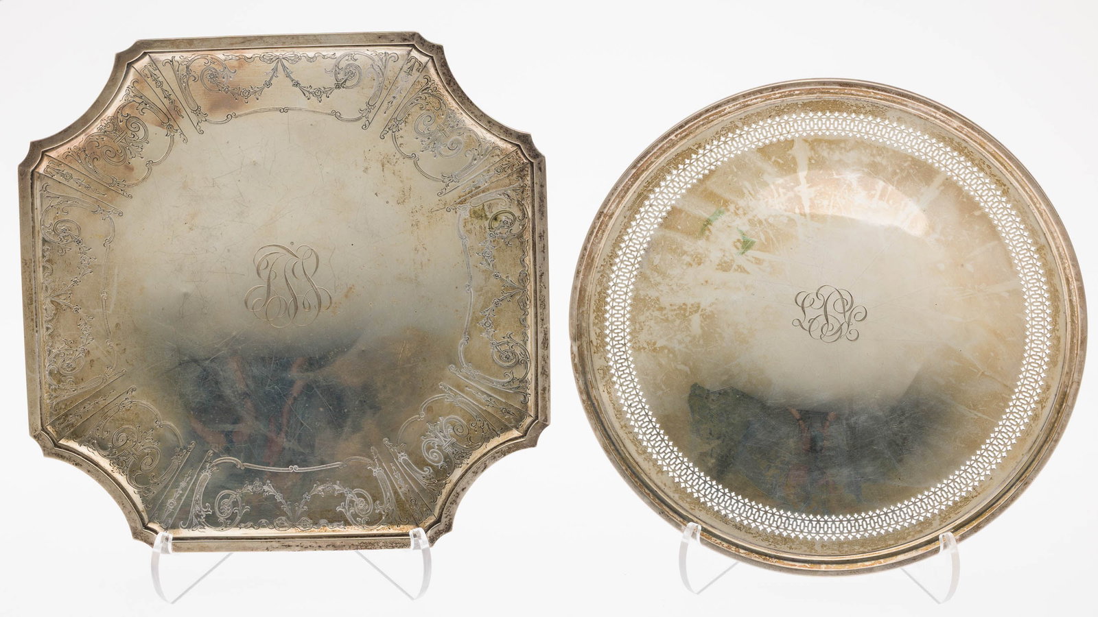 2 Sterling Silver Footed Plates: Property of a Private Collector, St. Simons Island, GA Description: 2 Sterling Silver Footed Plates, comprising Gorham sterling silver square footed plate, monogrammed, and Richard Dimes sterling