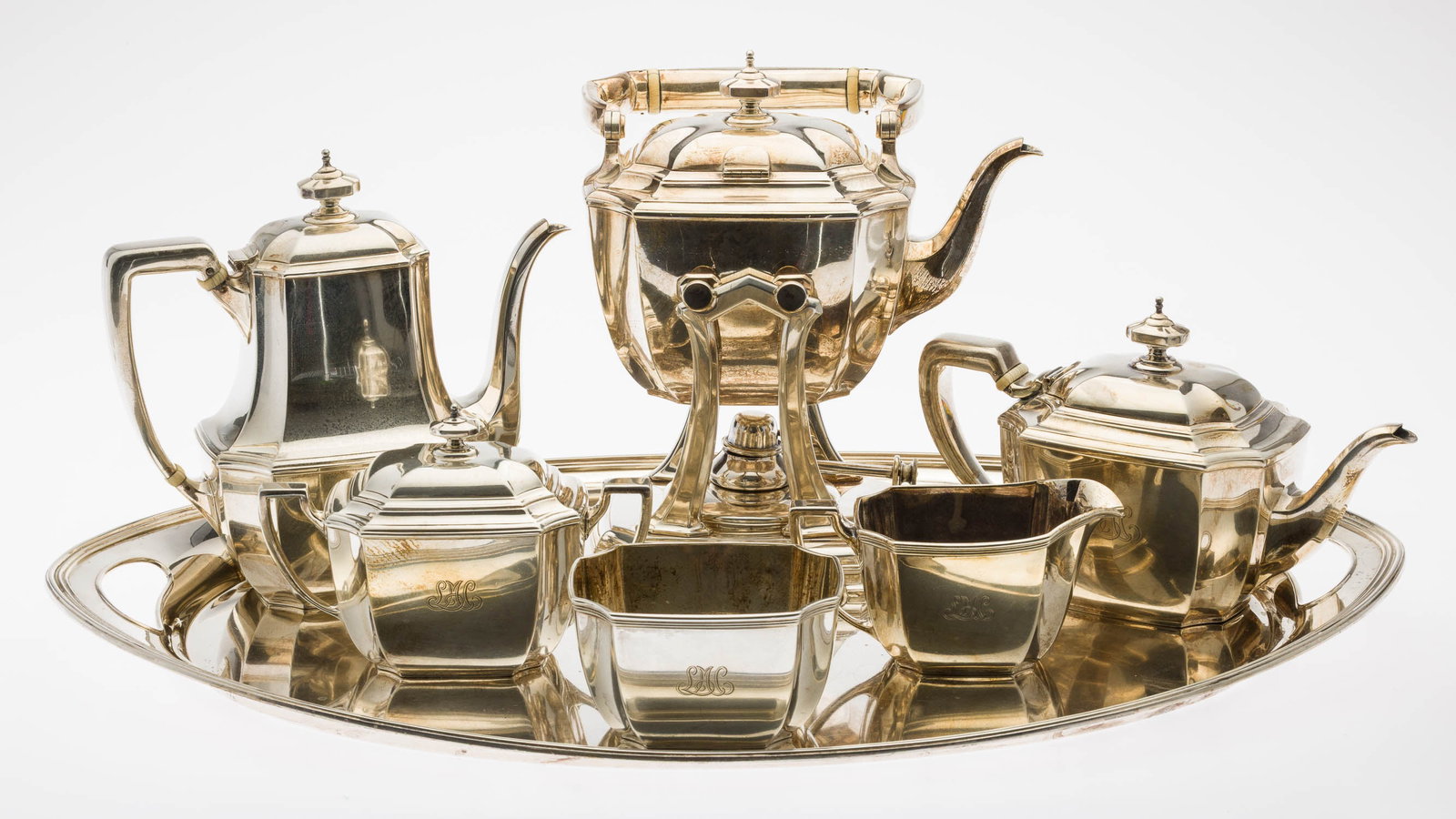 Tiffany Sterling 6 Piece Tea & Coffee Set with Tray: Property of a Private Collector, Hilton Head Island, SC Description: Tiffany Sterling Silver 6 Piece Tea and Coffee Set and Sterling Silver Tray, comprising coffee pot, tea pot, hot water kettle on