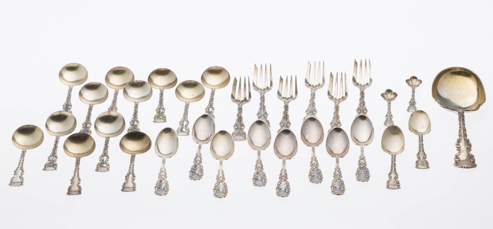 Whiting and Gorham Sterling Silver Flatware, 31 pcs.: Property of a Private Collector, St. Simons Island, GA Description: 31 pcs. of Whiting and Gorham Sterling Silver Flatware, comprising serving spoon, 12 small soup spoons, monogrammed, 2 teaspoons, 6
