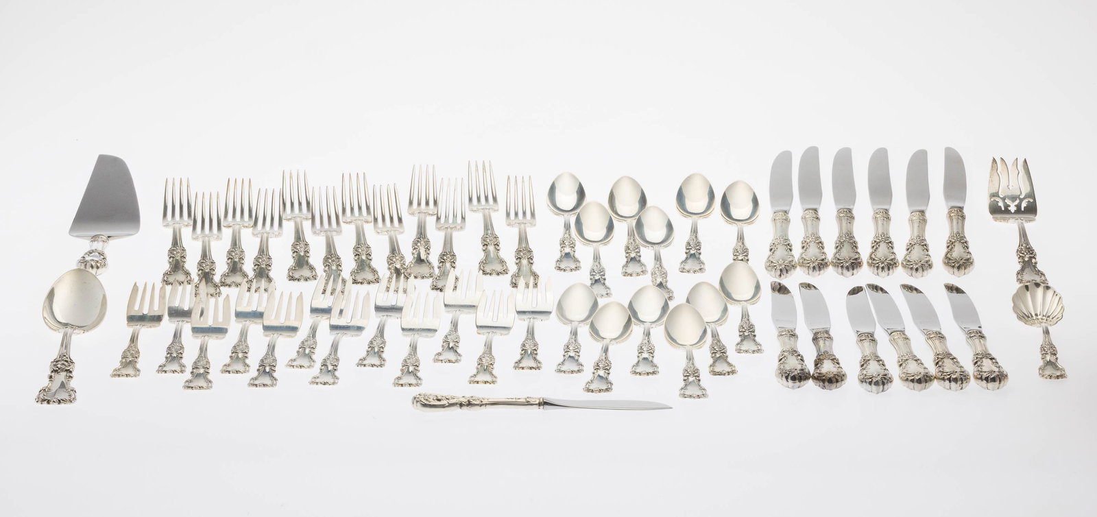 Reed & Barton Sterling Flatware Lunch Service, 53 pc: Property from a Private Collection, Savannah, GA Description: Reed and Barton Burgundy Sterling Flatware Lunch Service, 53 pcs., comprising 12 lunch knives, 12 lunch forks, 12 salad forks, 12