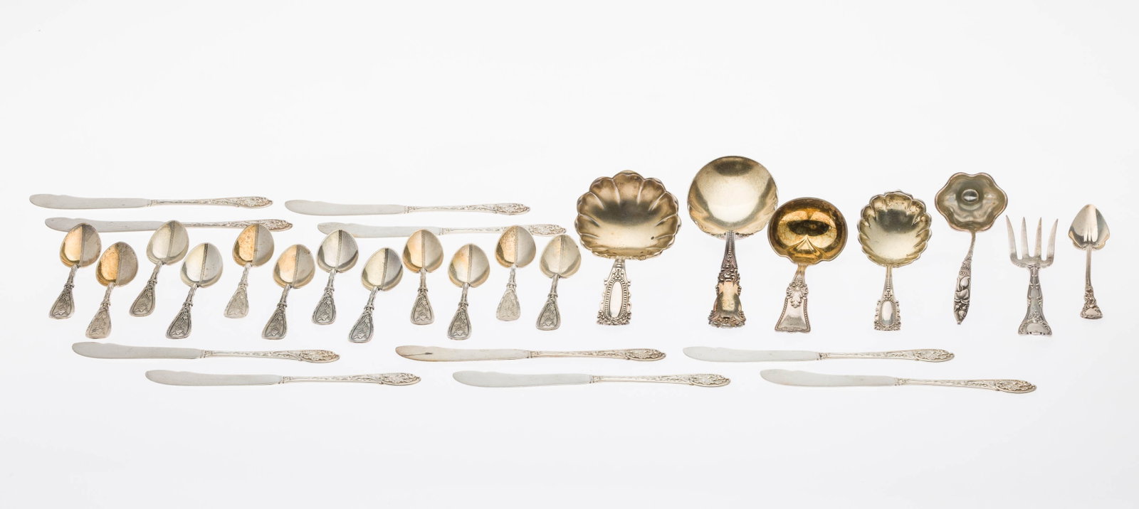 Group of Misc. Sterling Silver Flatware, 23 pcs: Property of a Private Collector, St. Simons Island, GA Description: Group of Misc. Sterling Silver Flatware, 23 pcs, comprising 10 Gorham butter knives, 12 Whiting teaspoons in "Japanese" pattern