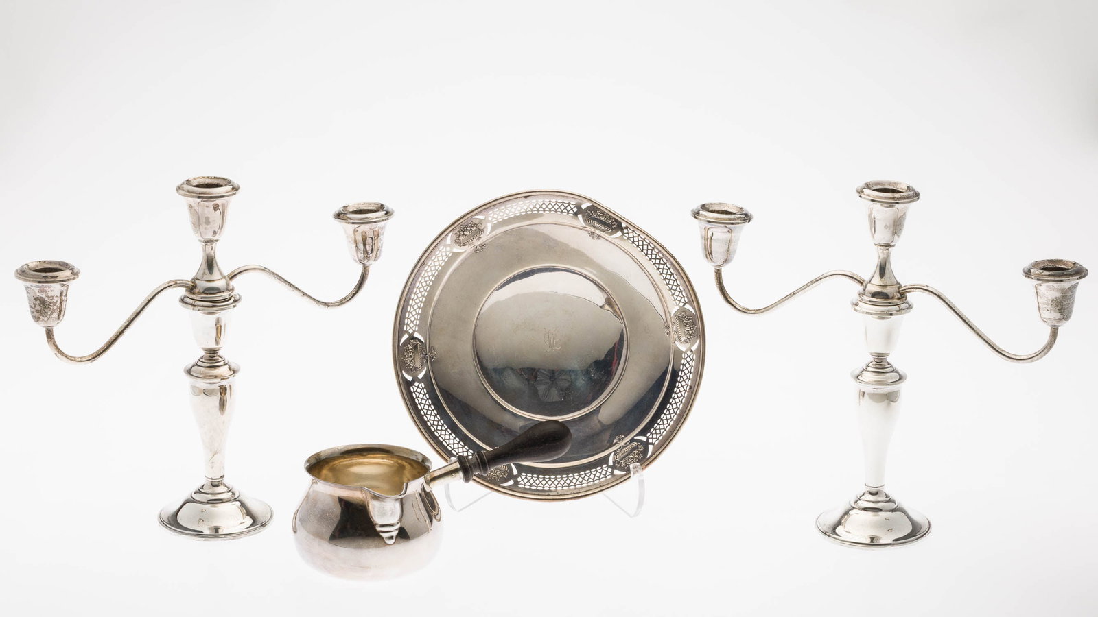 Group of Sterling Silver Articles: Property of a Private Collector, Savannah, GA Description: Group of Sterling Silver Articles, comprising a pair of Gorham sterling silver candlesticks, an English sterling chocolate pot, and