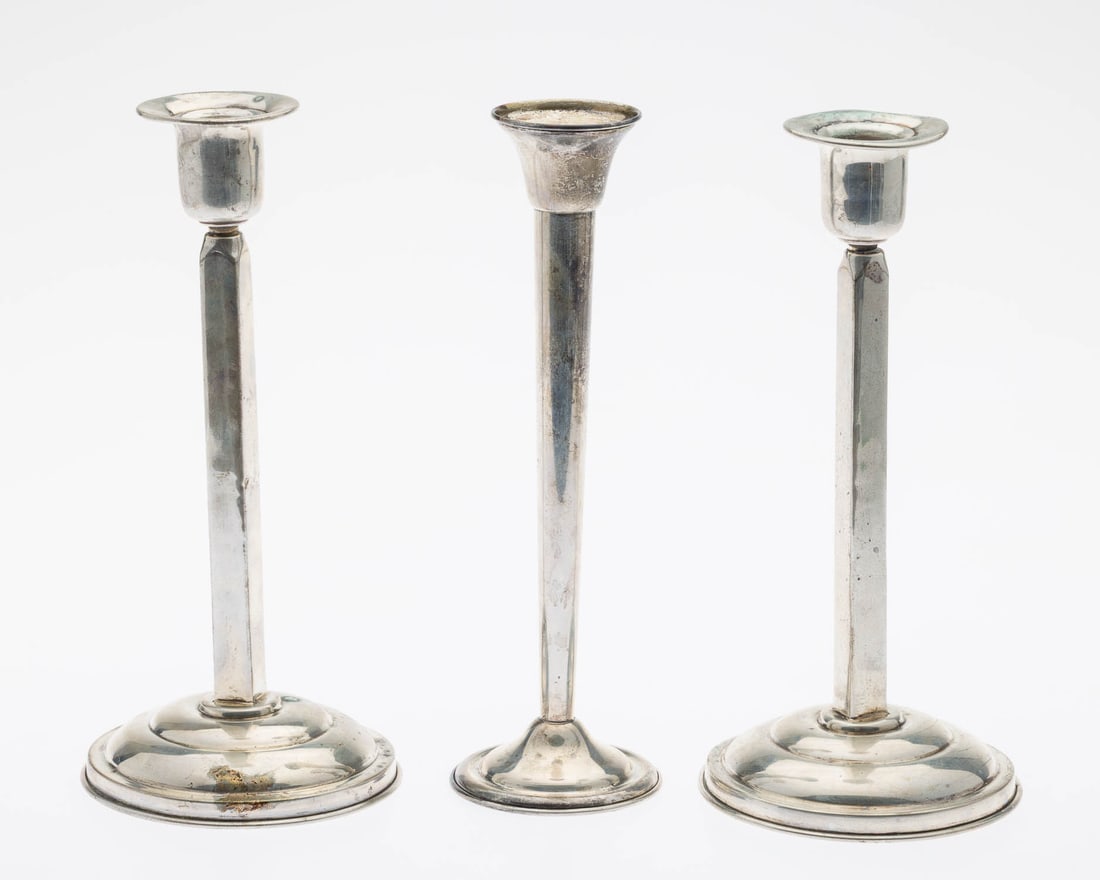 Pair Mexican Sterling Candlesticks & Trumpet Vase: Property from a Private Collection, Savannah, GA Description: Pair of Mexican Sterling Candlesticks and Trumpet Vase, 13.25 troy ounces of weighable silver. Measurements: Height: of candlestick 9 1/2
