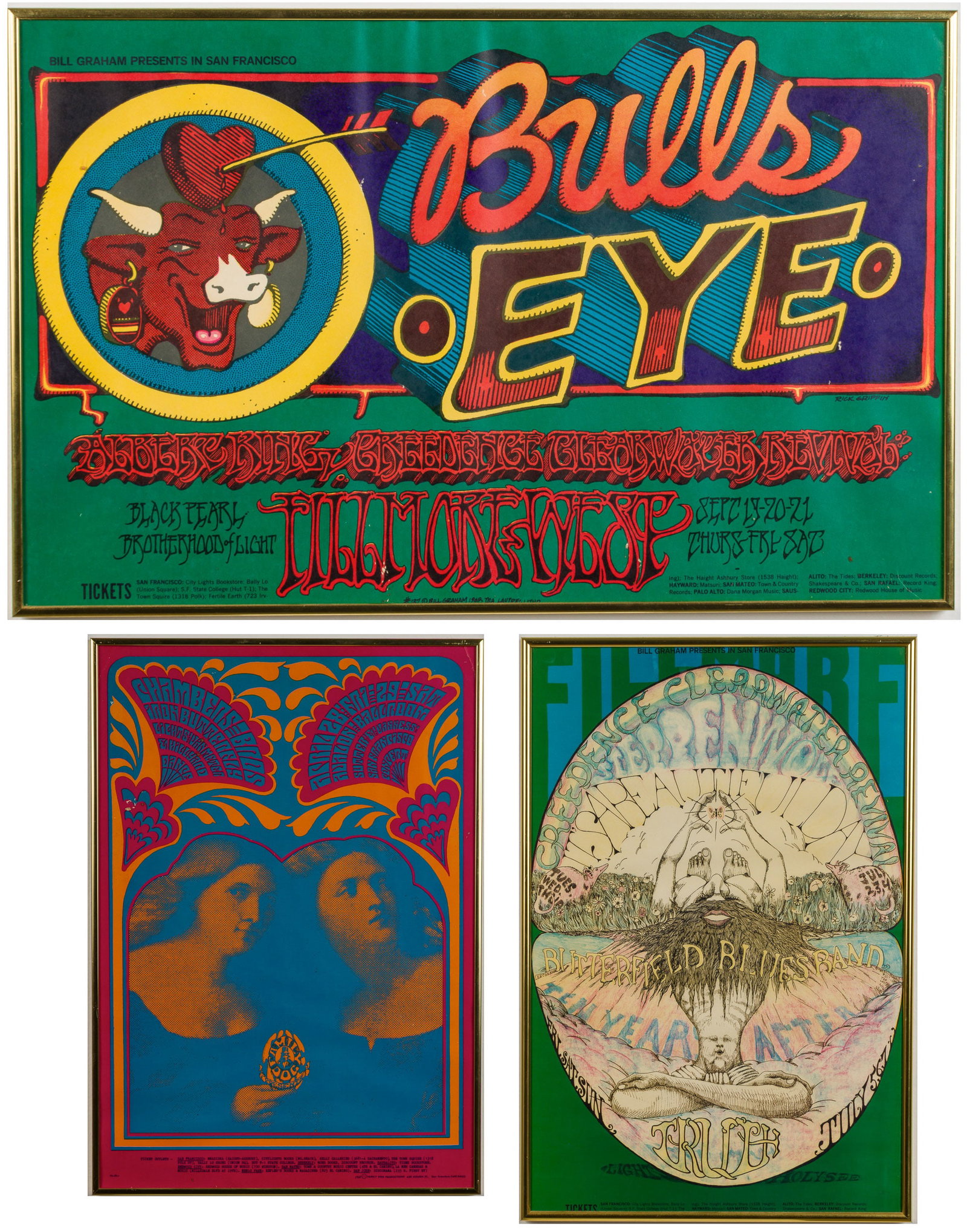 Three Concert Posters, 1960s: Property of a Private Collector, Savannah, GA Description: Three Concert Posters, 1960s, comprising FD-59 Victor Moscoso The Chambers Brothers and Iron Butterfly 1967 1st Printing Concert Poster, BG-1