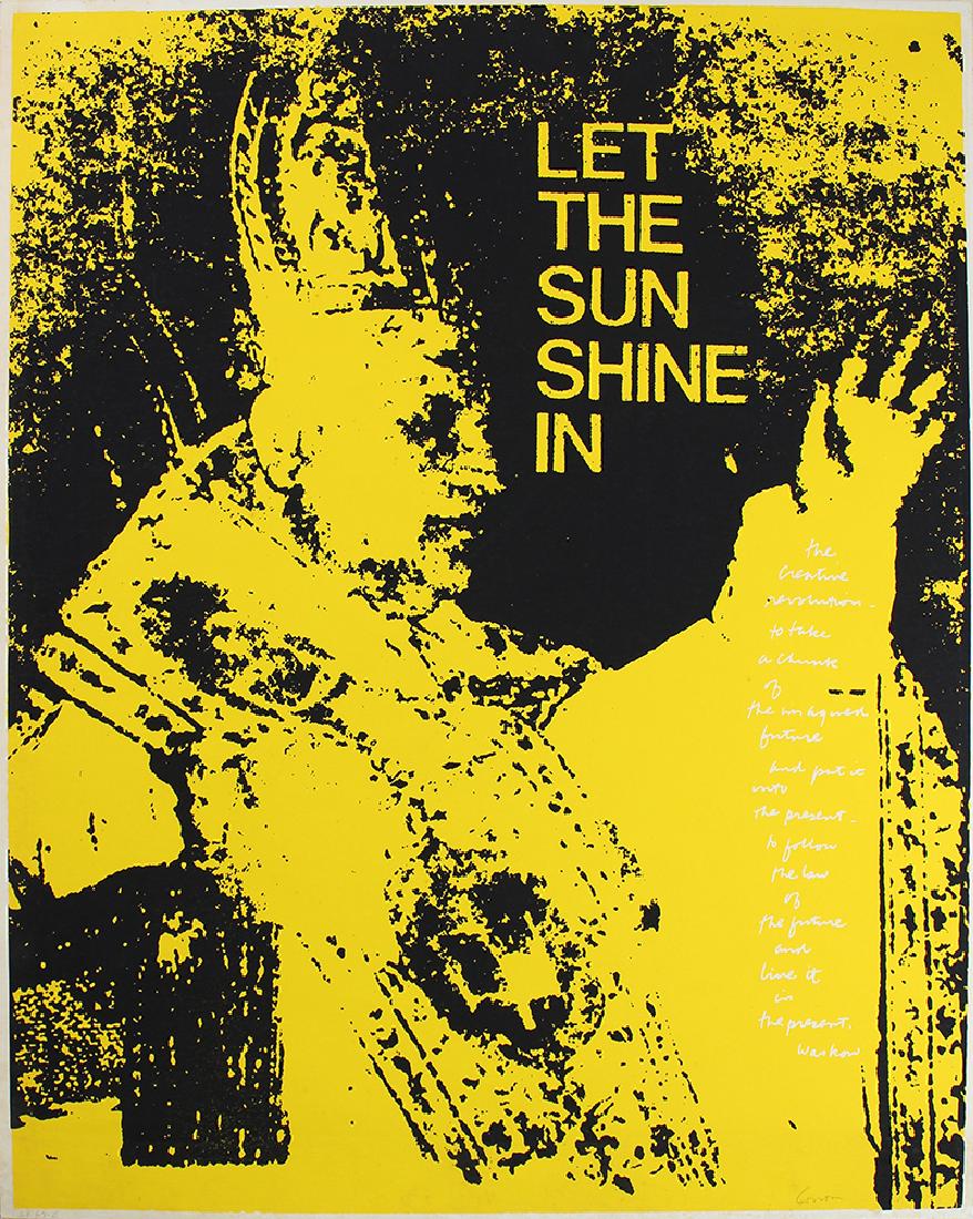 Sister Corita Kent (1918-1989) Californian: LET THE SUN SHINE IN, color screenprint, signed in pen, numbered 68/69 in pencil, sheet 29 x 23”, small full margins, scattered foxing mainly visible on the verso, some mottling mainly in the lower 
