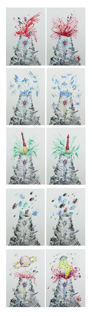 Mark Licari (b. 1975) American (ten): PLINIAN HICCUP, ten monoprints with extensive hand-painting, each signed and dated 2004, each from the numbered edition 20, sheets 22 x 15”, all with Hamilton Press blind stamps lower right, all in
