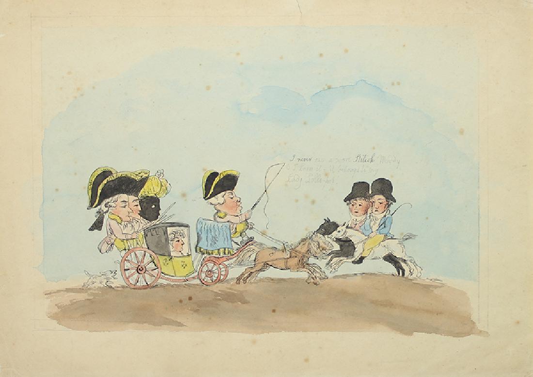 Thomas Rowlandson or circle of (1756-1827) British: LADY LOLLI-HOP, watercolor and ink drawing on paper, inscription upper right, sheet 10 x 14”, creases, speckling, a small tear upper center sheet edge, some discoloration and other lesser defects, o